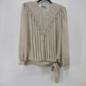 Liz Roberts Vintage Cottagecore Blouse 14 Sheer Beige Lace Pleated Waist Ties